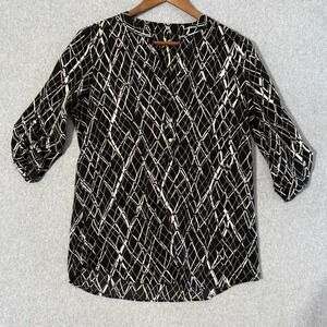 Cathy Black White Abstract Print 3/4 Sleeve V-Neck Tunic Top Women's Size S
